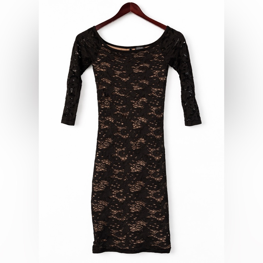GUESS Black Lace Bodycon Dress 3/4 Sleeve Stretch Size XS S Cocktail Party